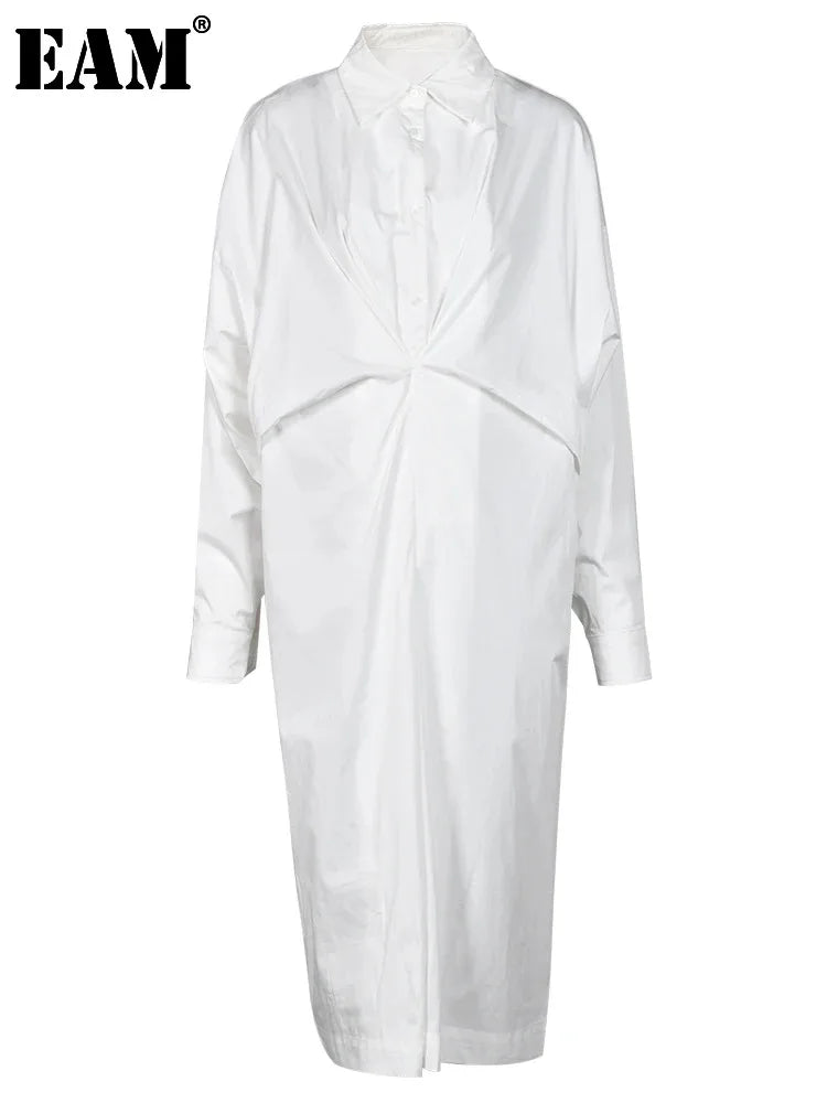 Beberino White Pleated Shirt Dress Lapel Long Sleeve Loose Fit Fashion