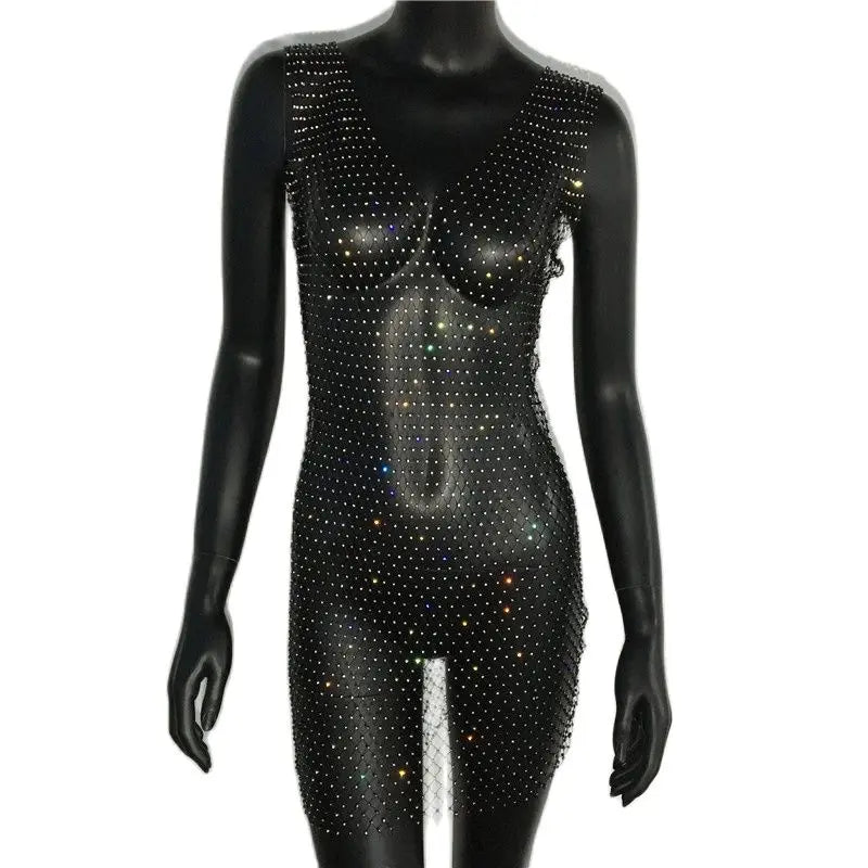 Beberino Sparkly Rhinestone Fishnet Party Dress with Side Split