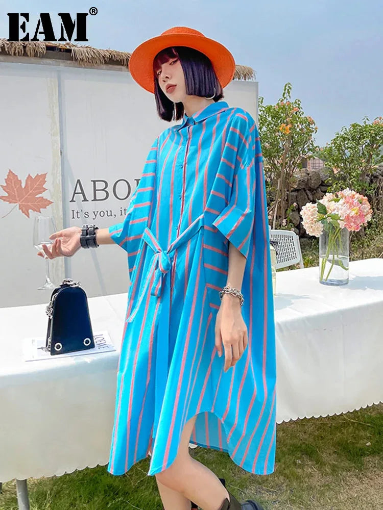 Beberino Blue Striped Oversized Shirt Dress with Lapel, Half Sleeves - Spring/Summer 2024