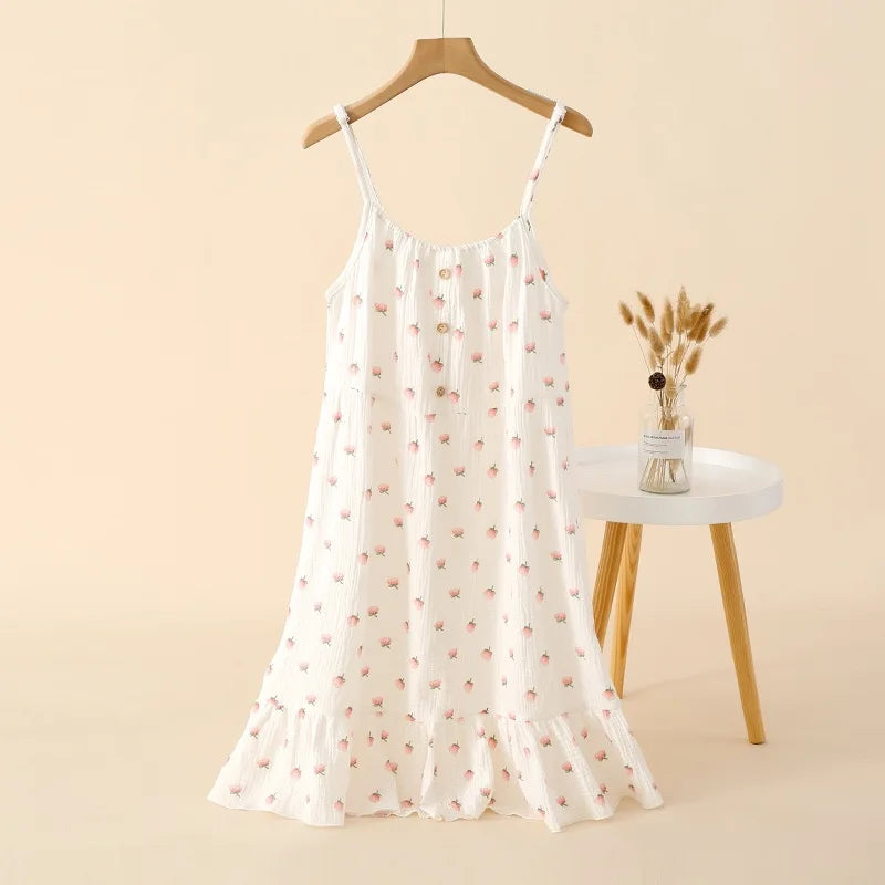 Beberino 100% Cotton Crepe Suspender Nightdress - Thin, Solid Color Floral Vest Skirt