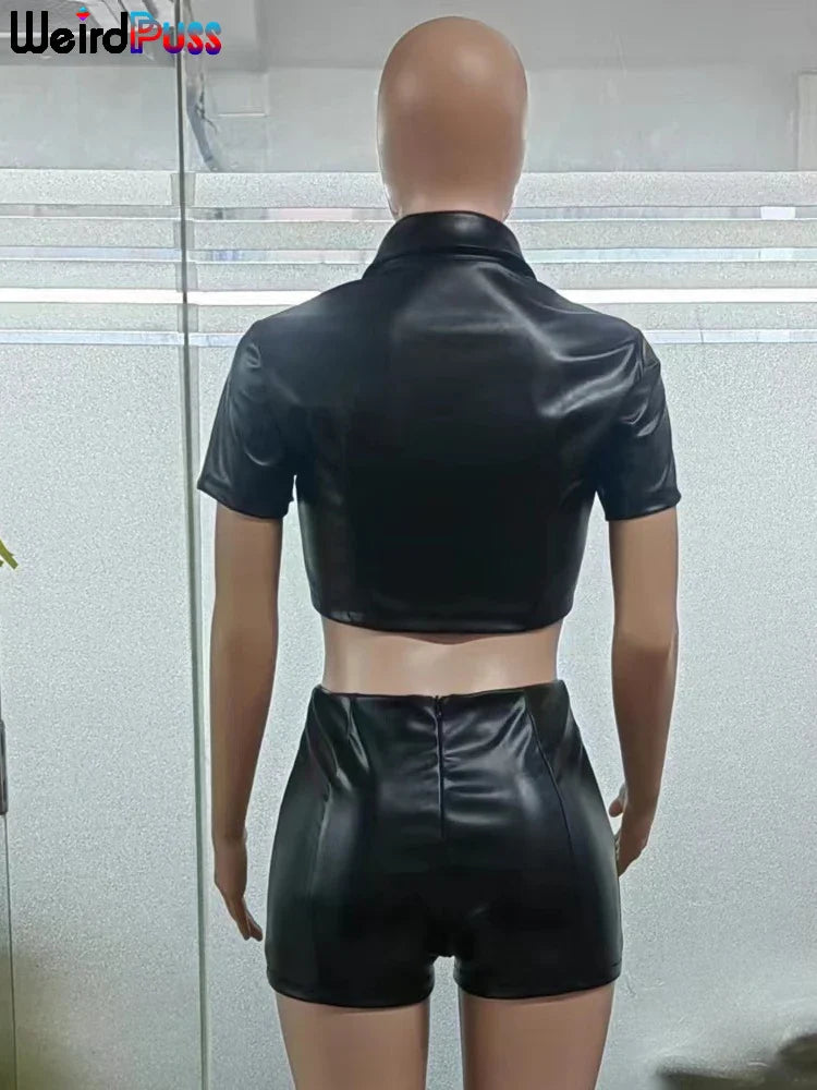 Beberino PU Leather Tracksuit Set: Short Sleeve Crop Top + Bike Shorts