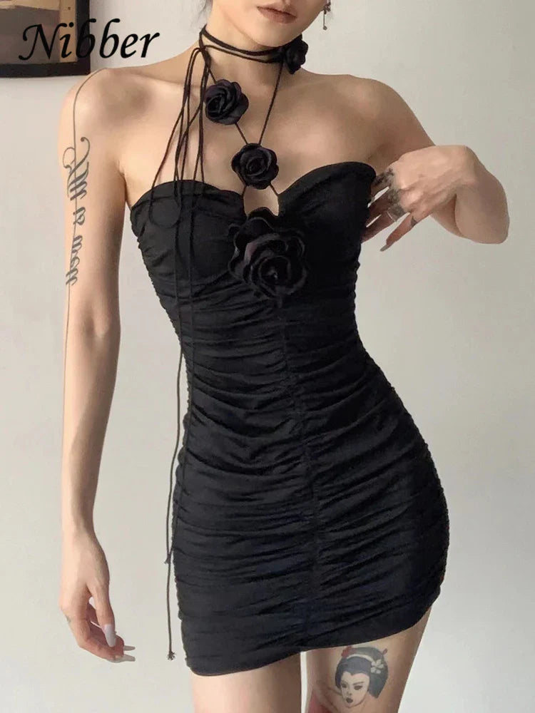 Beberino Midnight Party Halter Dress with Rose Embellishment and Slim Fit