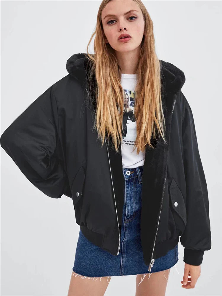 Beberino Reversible Faux Fur Bomber Jacket with Hooded Zip - Women's Winter Top