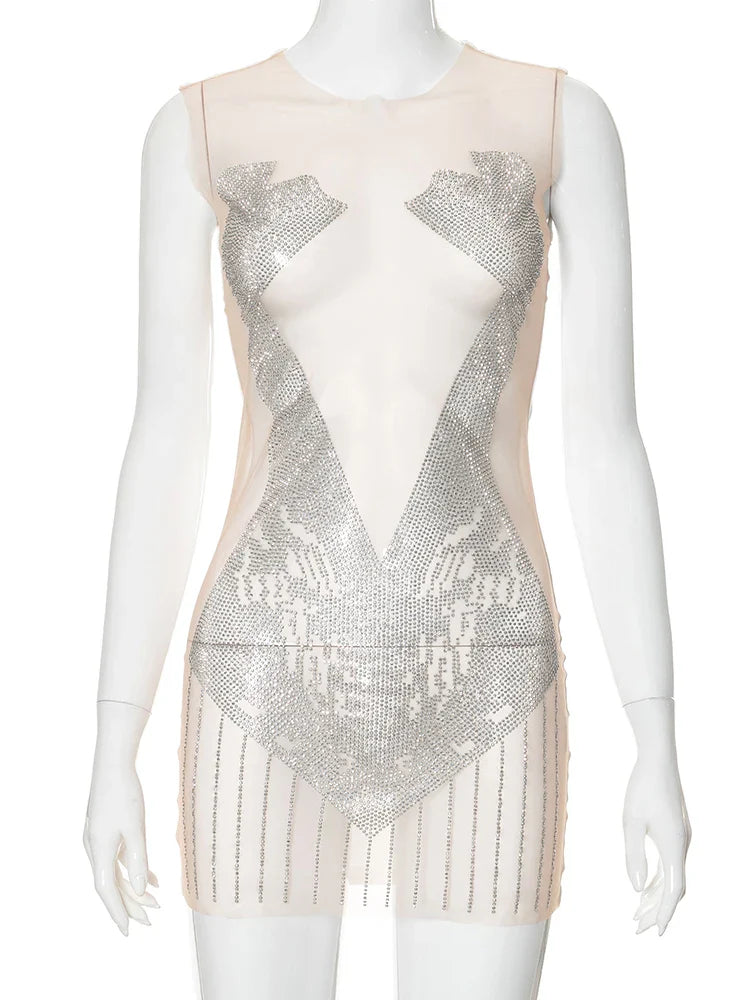 Beberino Rhinestone Mesh Bodycon Dress: Sexy, Stretchy, Sleeveless Clubwear for Midnight Party