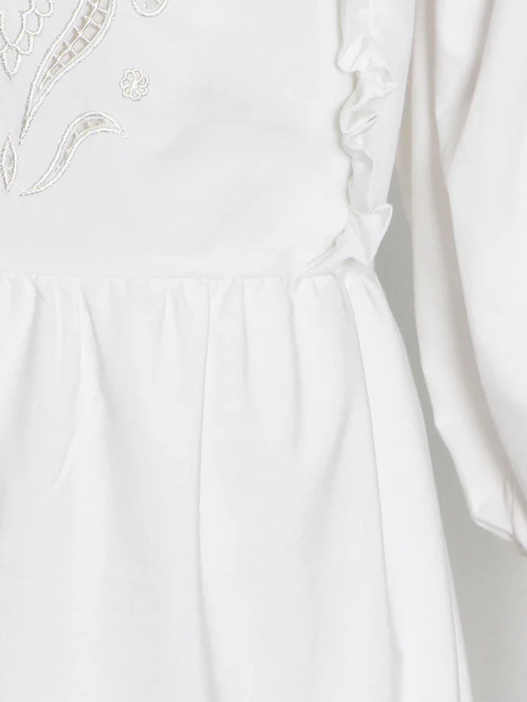 Beberino Square Collar Ruffle Embroidery Dress White Short Sleeve 2022 Spring Female