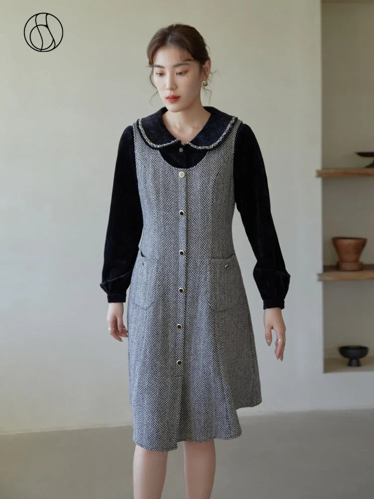 Beberino Retro Plaid Woolen A-line Dress with U-neck and Pockets