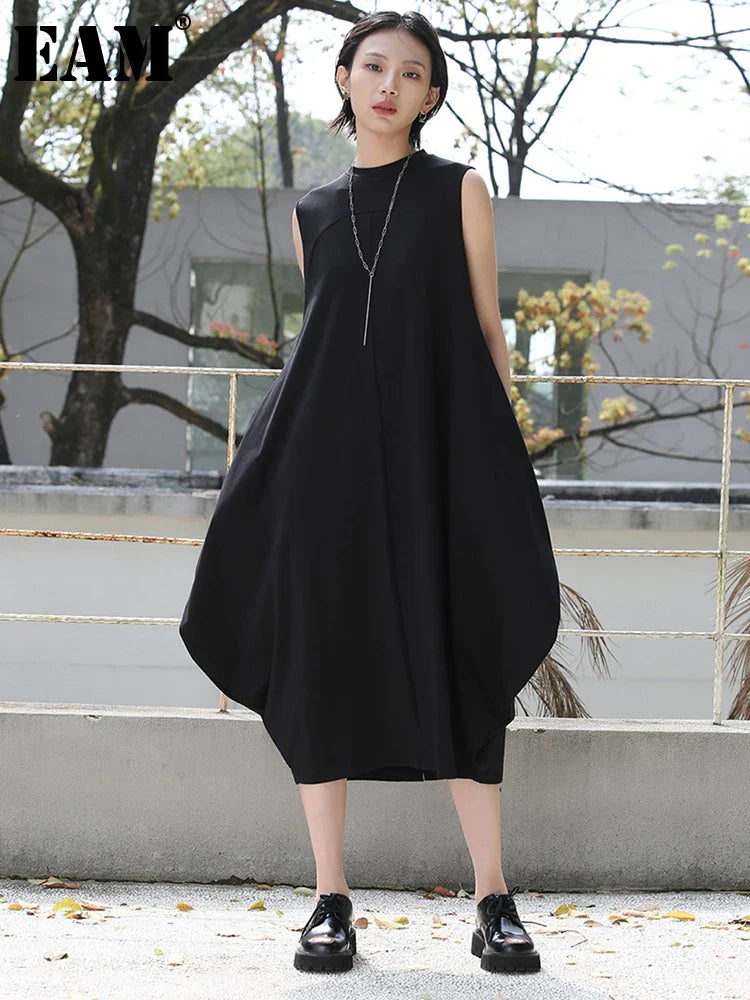 Beberino Women's Black Elegant Long Dress Sleeveless Round Neck Loose Fit