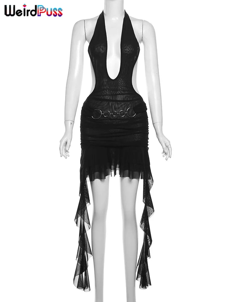 Beberino Midnight Bodycon Dress with Sexy See Through Design & Metal Belt Hem