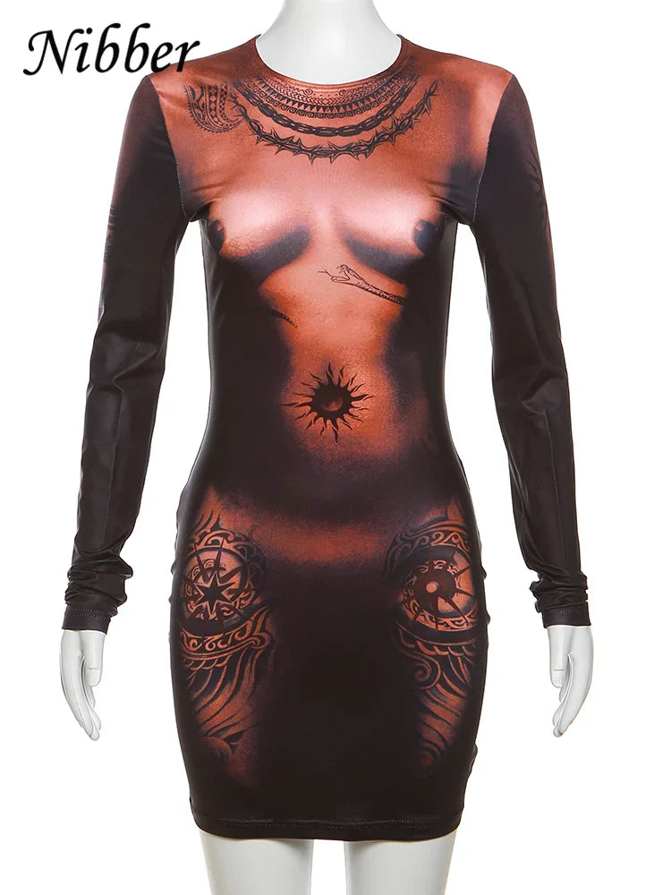 Beberino Sexy Body Print Mini Dress for Women: Autumn Stretch O-Neck Chic Clubwear