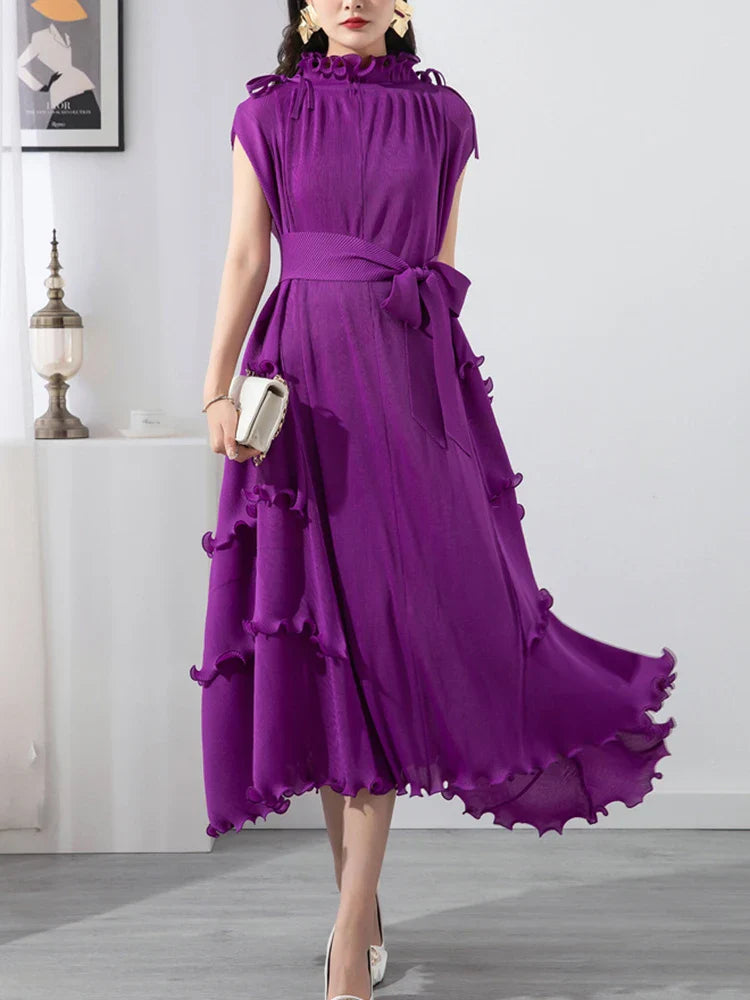 Beberino Ruffled Collar Sleeveless Summer Dress Elegant Mid-Length Solid Folds Women's Fashion