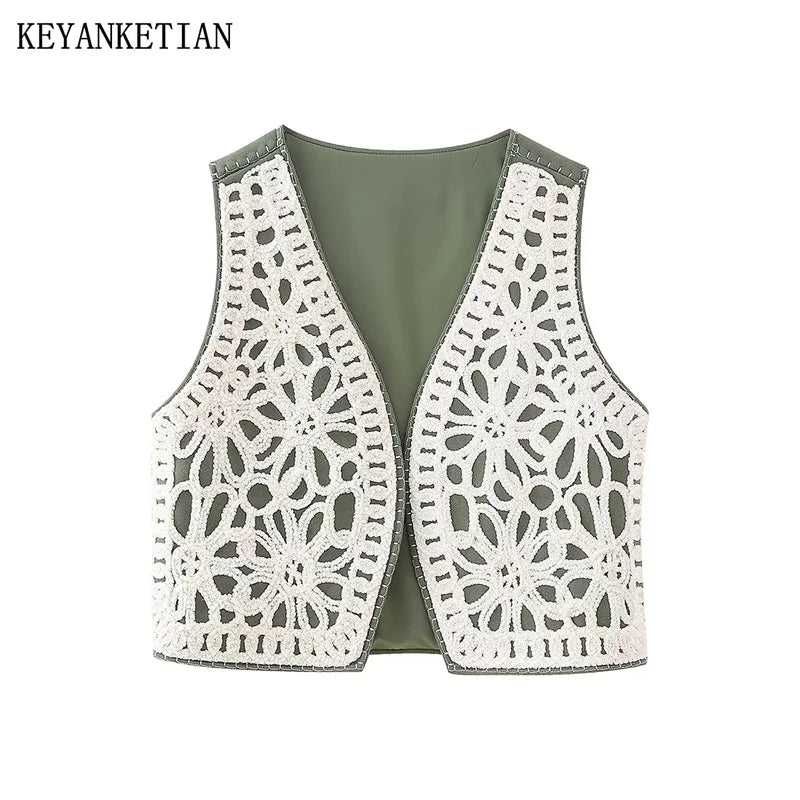 Beberino Embroidered Color Matching Sleeveless Crop Top Waistcoat for Women