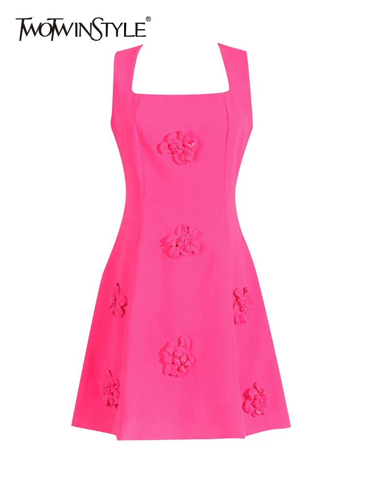 Beberino Square Collar Spliced Appliques Dress - Elegant Sleeveless High Waist Temperament