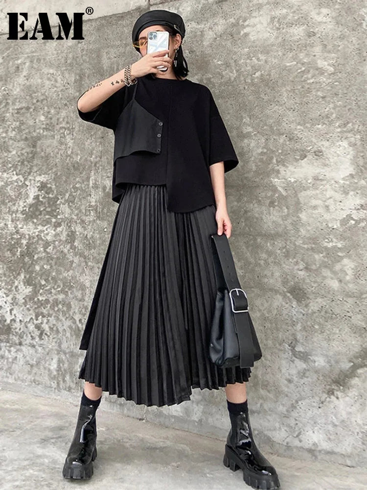 Beberino Black T-shirt & Irregular Pleated Skirt Set for Women Spring Summer 2024