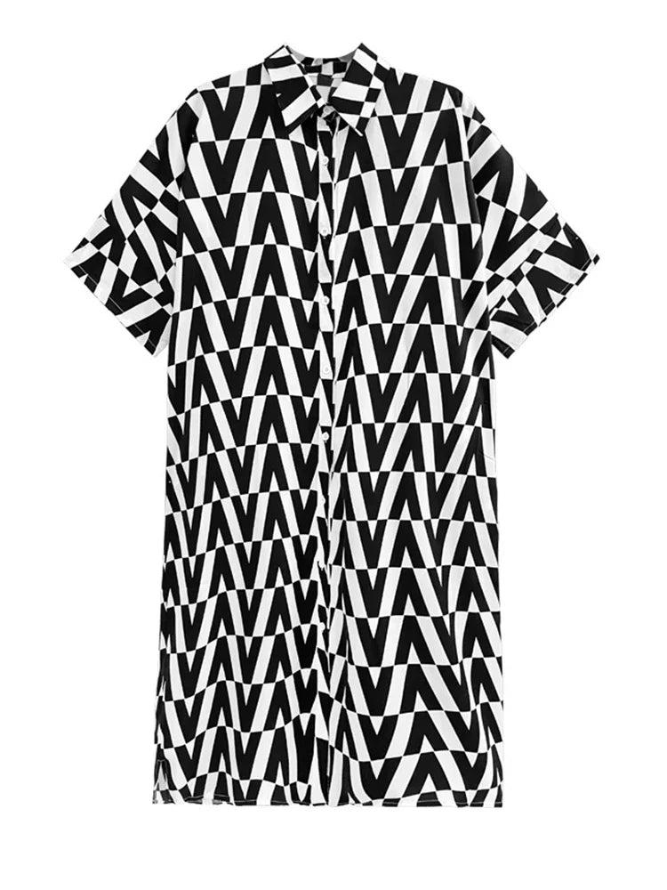 Beberino Women's Black Pattern Shirt Dress Half Sleeve Loose Fit Spring Summer 2024