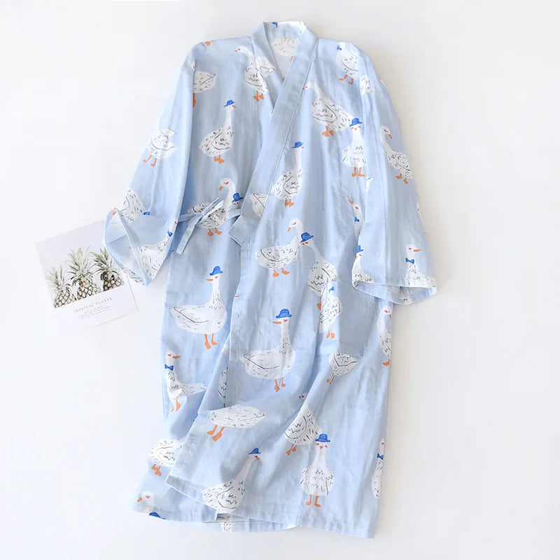 Beberino 100% Cotton Gauze Kimono Night Gown, Mid-Length Floral Bathrobe & Pajamas