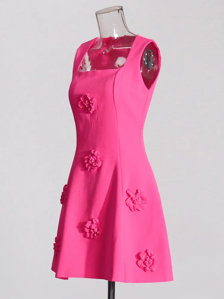 Beberino Square Collar Spliced Appliques Dress - Elegant Sleeveless High Waist Temperament