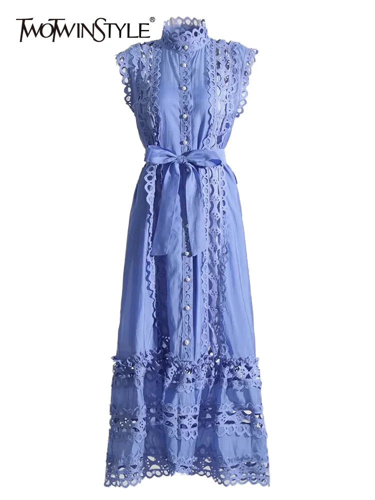 Beberino Elegant Hollow Out Lace Dress with High Waist and Stand Collar