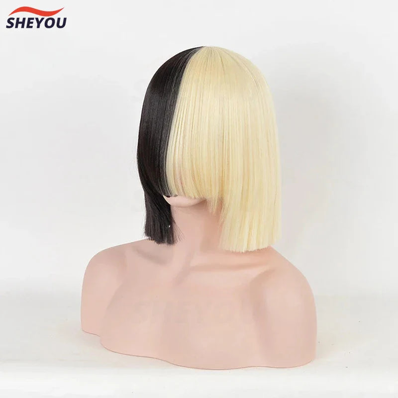 Beberino Half Black Half Blonde Bob Short Cosplay Wig with Bang