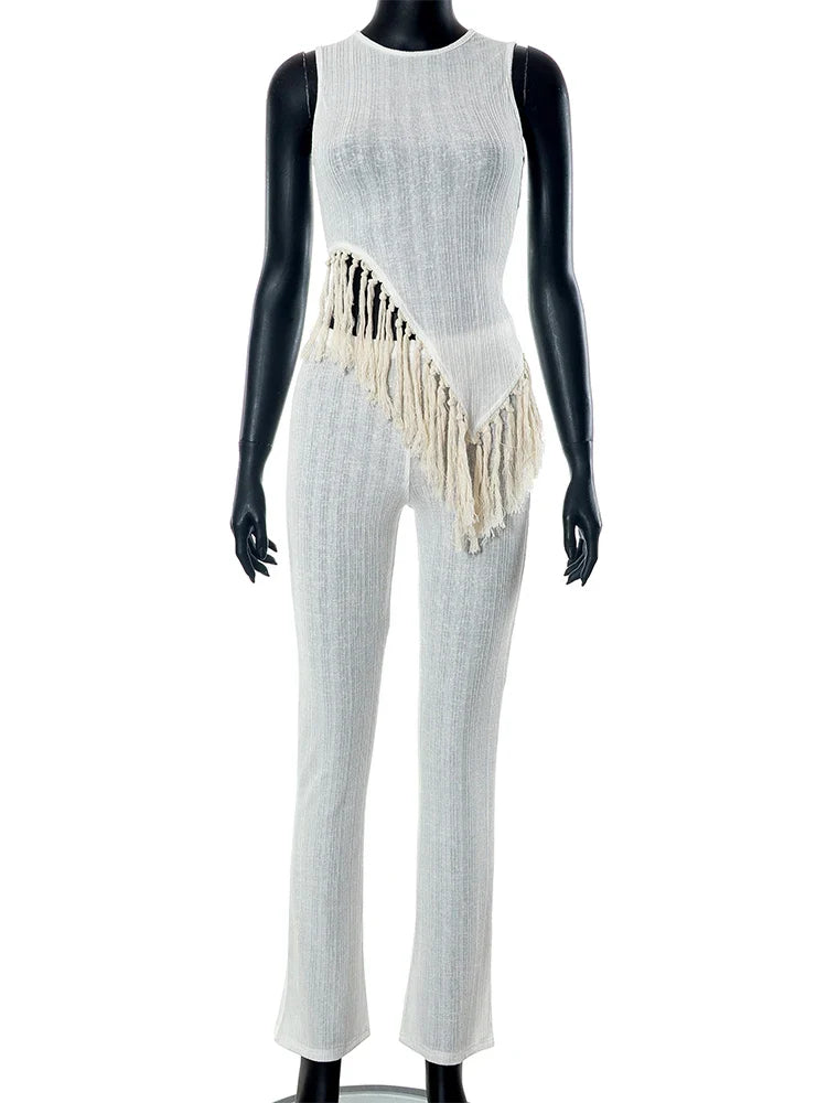 Beberino Tassel Tank Top and Flare Pants Set for Y2K Party Streetwear