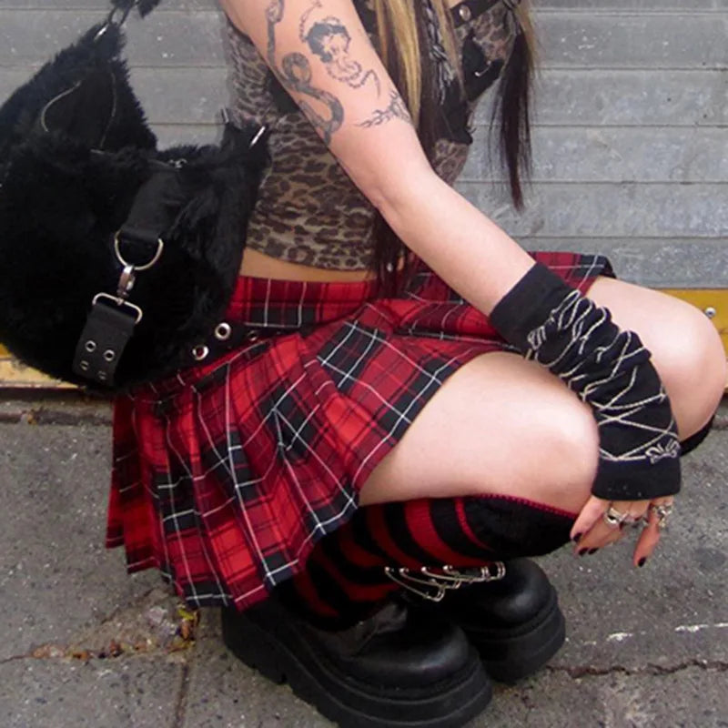 Beberino Plaid Mini Skirt: Gothic Punk Eyelet Strap A-line Techwear Streetwear