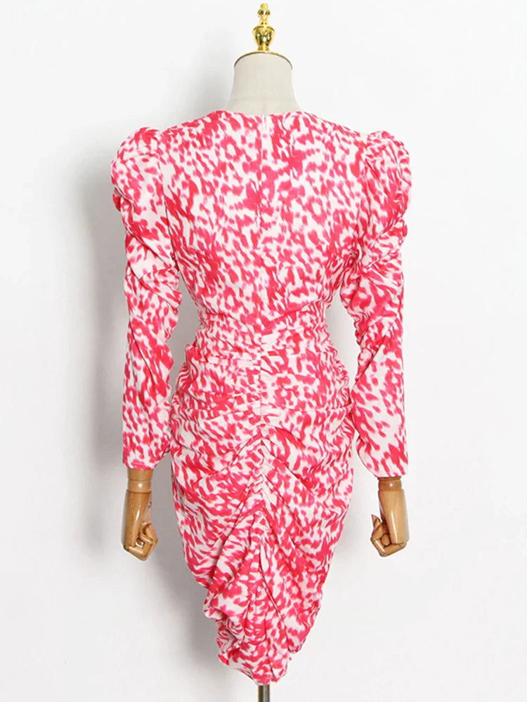 Beberino V Neck High Waist Mini Dress with Color Print & Folds