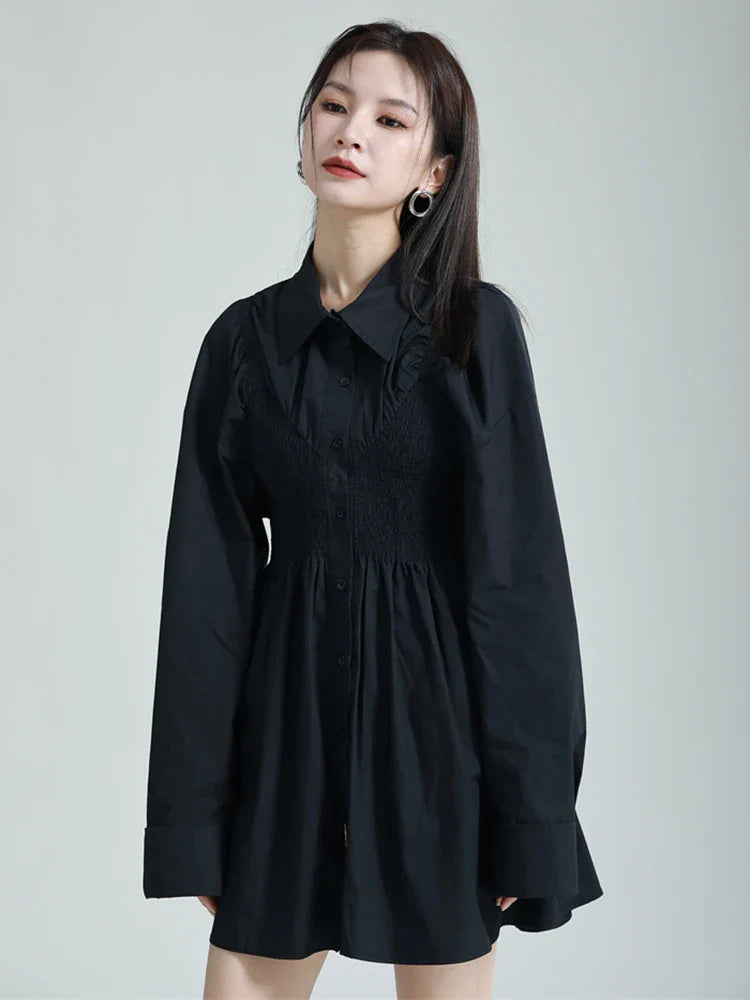 Beberino White Button Pleated A-line Dress, Long Sleeve Casual Women's Fashion for Spring/Autumn.