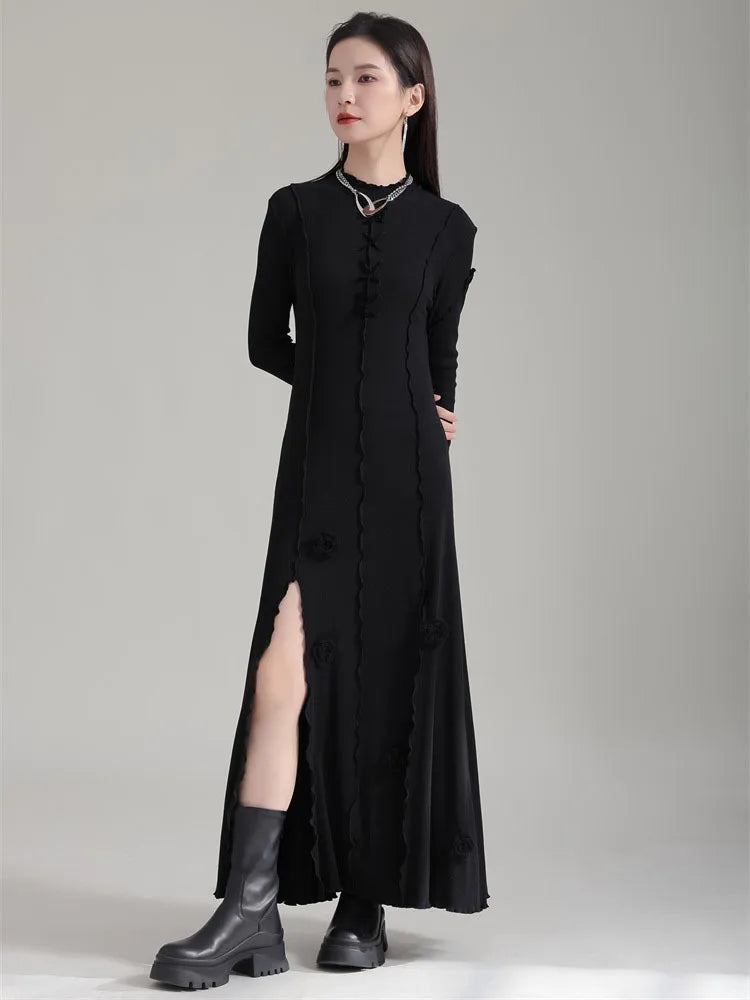 Beberino Black Flower Slit Long Dress Turtleneck Loose Fit Elegant Style