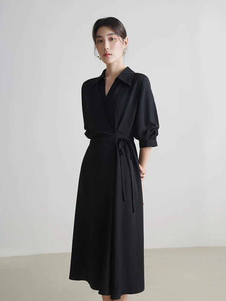 Beberino Wrap Design Turn-down Collar Black Dress A-LINE 24DS82102