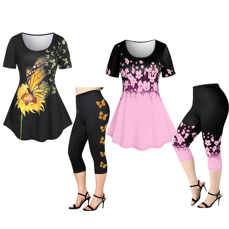 Beberino 3D Floral Tee & Capri Leggings Set - Plus Size Colorblock Outfit