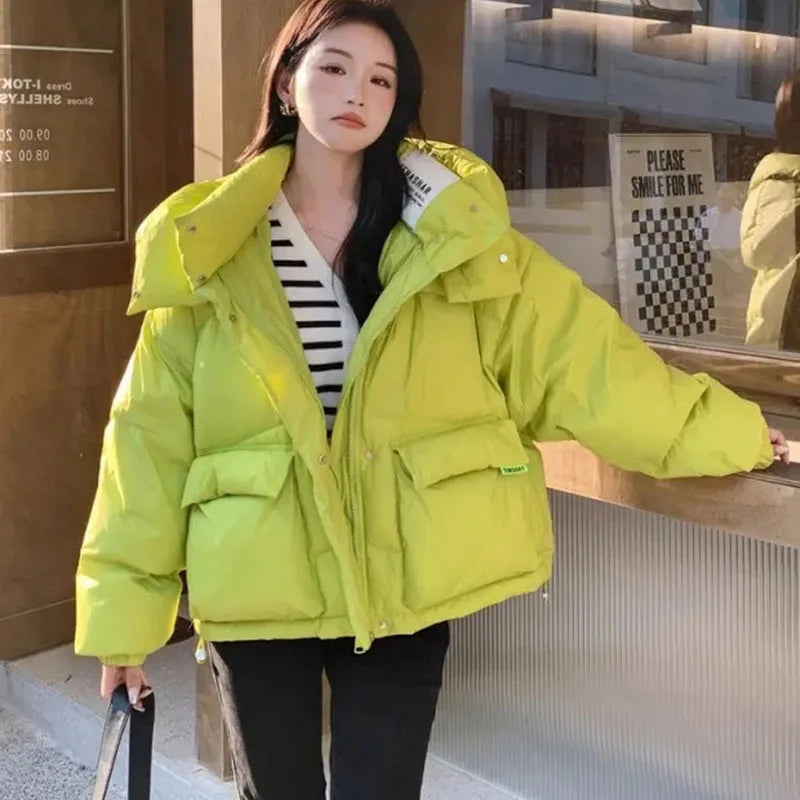 Beberino Green Down Jacket with Hood, Big Pockets, Warm Winter Cotton Coat for Women.