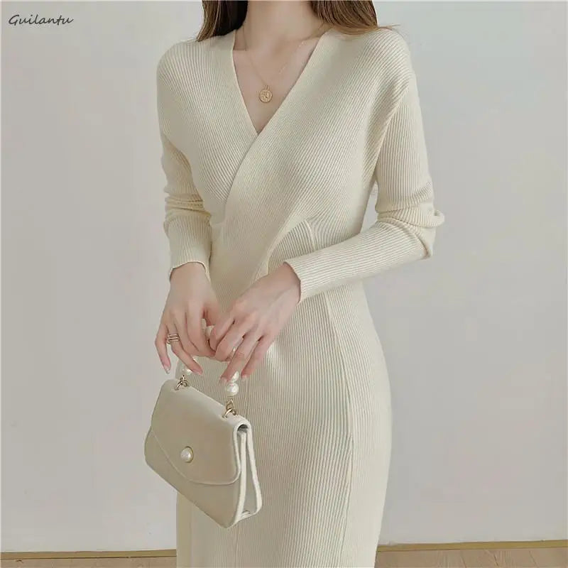 Beberino V Neck Knit Dress | Elegant Casual Midi Dress | Spring Autumn Office Wear