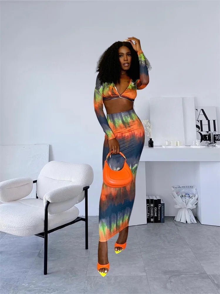 Beberino Autumn Chic 2 Piece Set: Knot Crop Top & Maxi Skirt - Elegant Streetwear