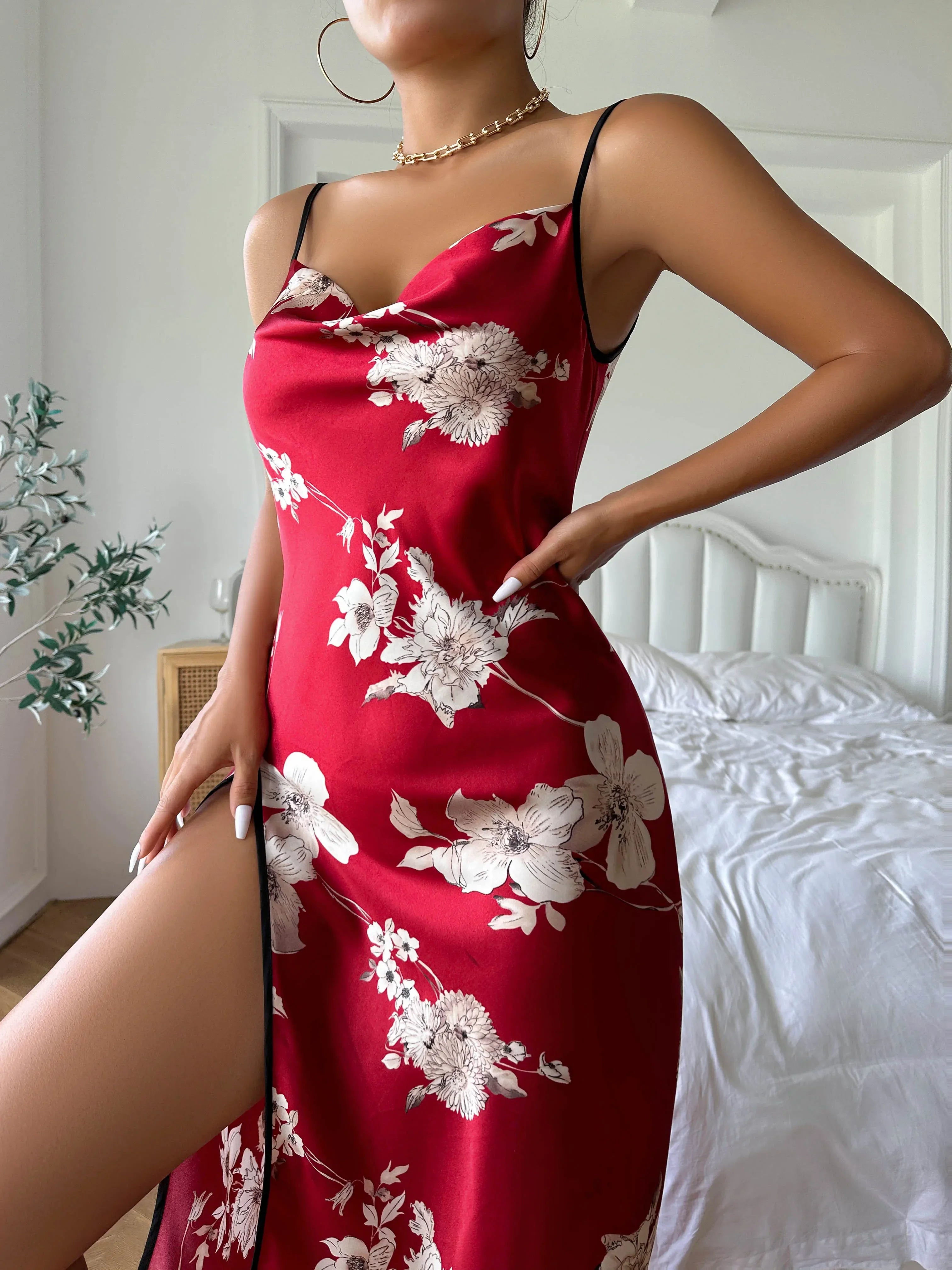 Beberino Red Flower Print Silk Nightdress with Open Back Split