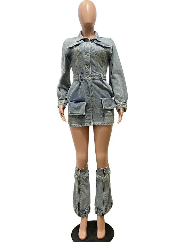 Beberino Denim Dress with Socks: High Waist Skinny, Multi-Pocket Design.