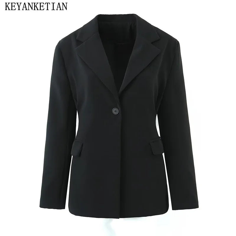 Beberino Pleated Waistline Black Suit Jacket Slim Outerwear