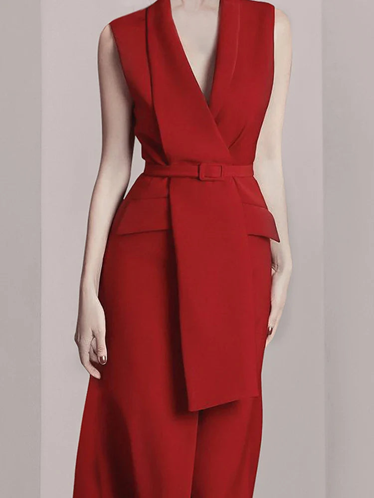Beberino Notched Collar Sleeveless Red Dress with Waist Belt