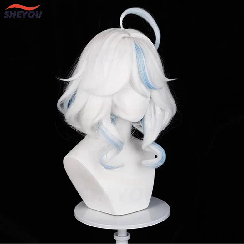 Beberino Short White Blue Curly Cosplay Wig for Women + Wig Cap