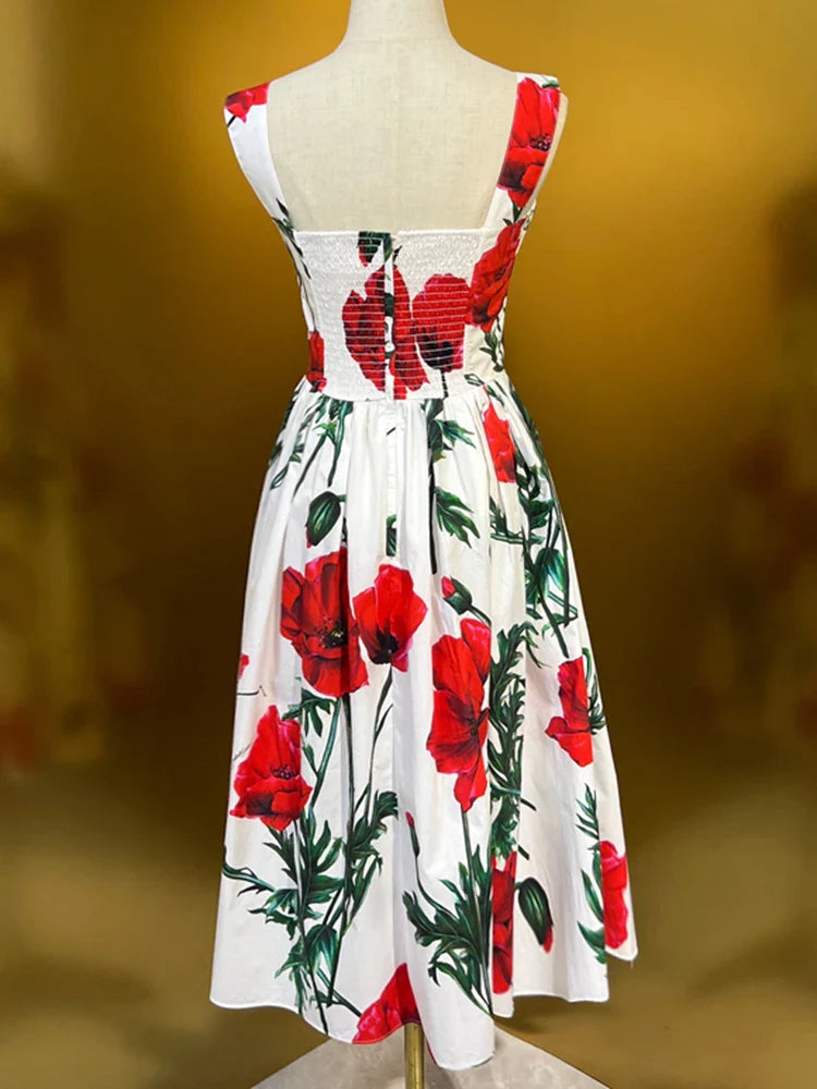 Beberino Square Collar Sleeveless Dress - Slim Fit High Waist Print Summer Dress