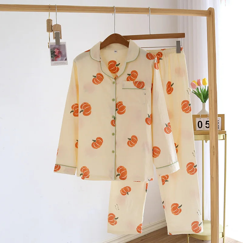 Beberino Women's Pumpkin Print Pajama Set with Cozy Cotton Trousers and Gauze Cardigan