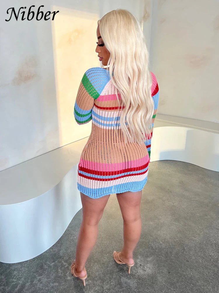 Beberino Mesh Knit Mini Dress - Colorful Long Sleeve Bodycon for Women