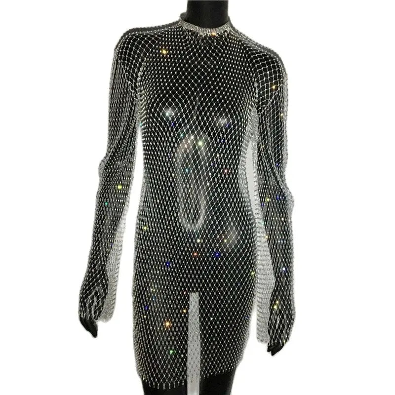 Beberino Shiny Diamond Fishnet Dress - Sexy Hollow Out O Neck Mini Dress