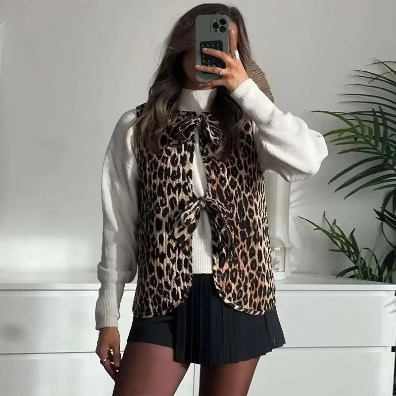 Beberino Corduroy Leopard Vest Sleeveless Padded Jacket Waistcoat Retro Style Bow-Lace Up