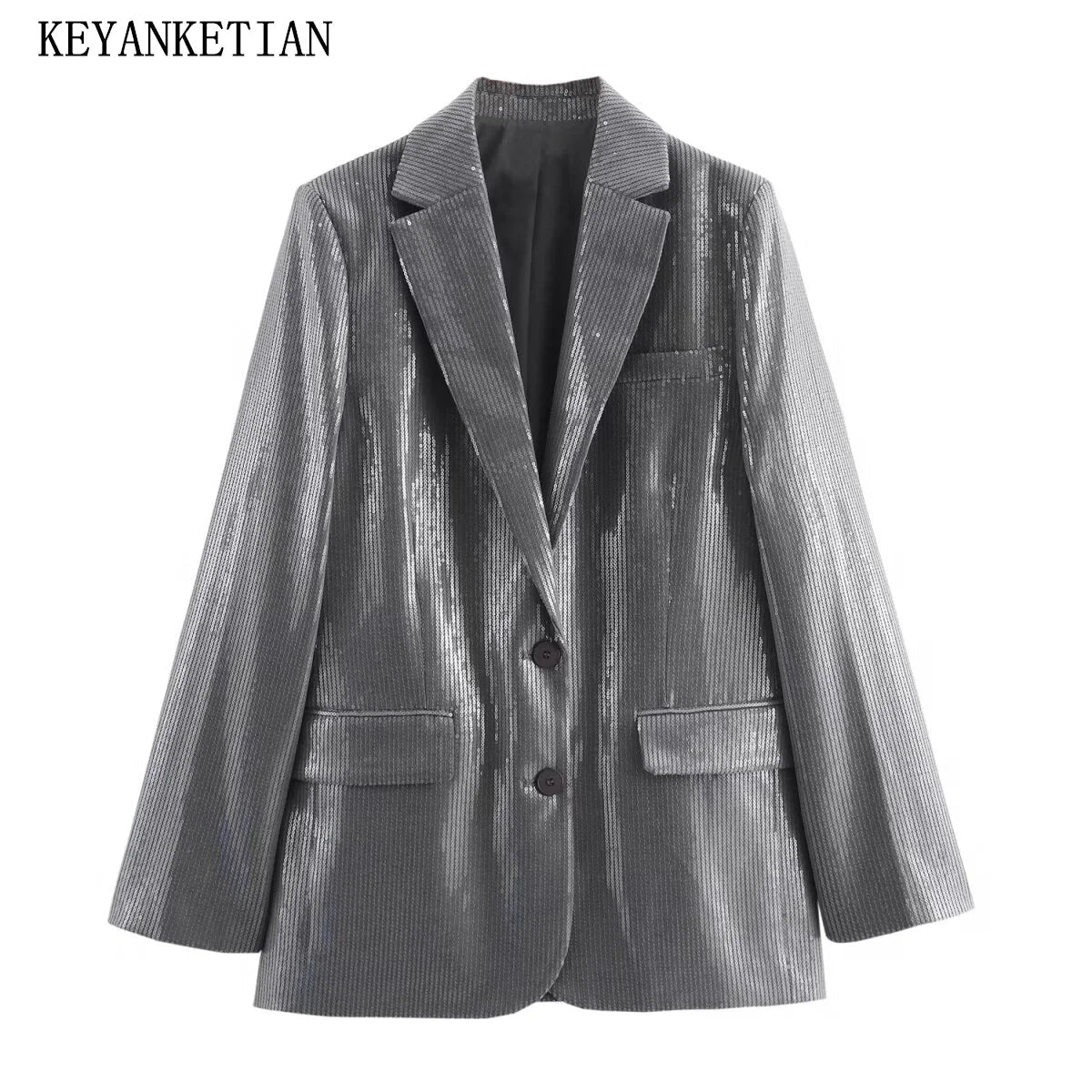 Beberino Sequin Grey Blazer: Women's Single-Breasted Shiny Suit Jacket