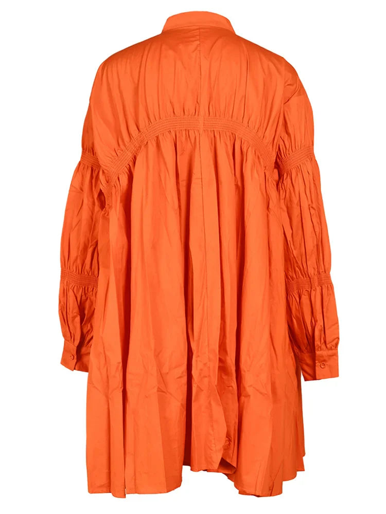 Beberino Orange Pleated Dress with Stand Collar, Big Size, Long Sleeve