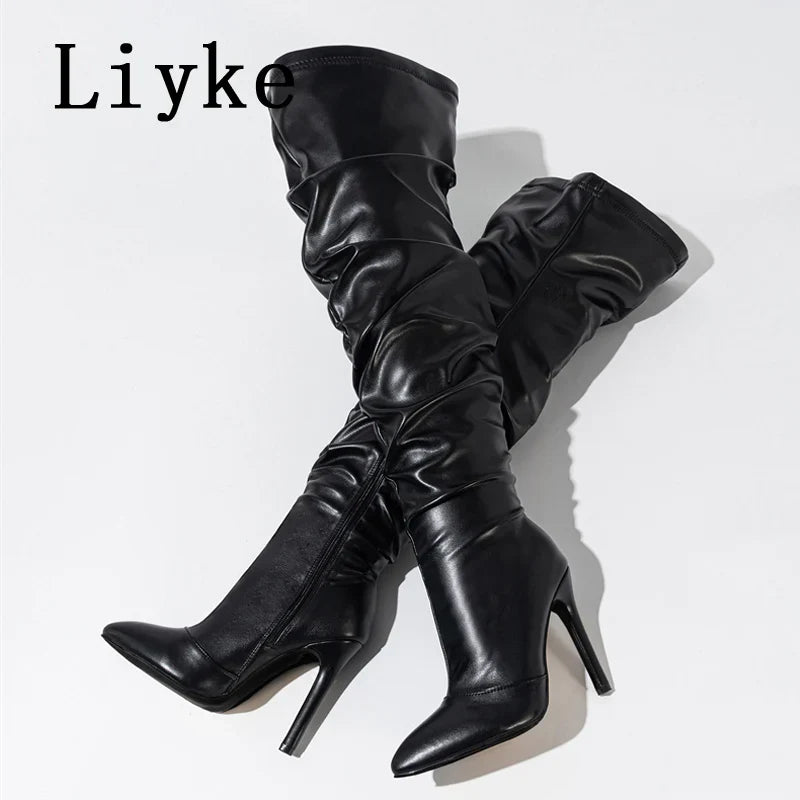 Beberino Cozy Thigh High Stiletto Boots: Pleated Leather, Pointed Toe, Zippered Motorcycle Shoes