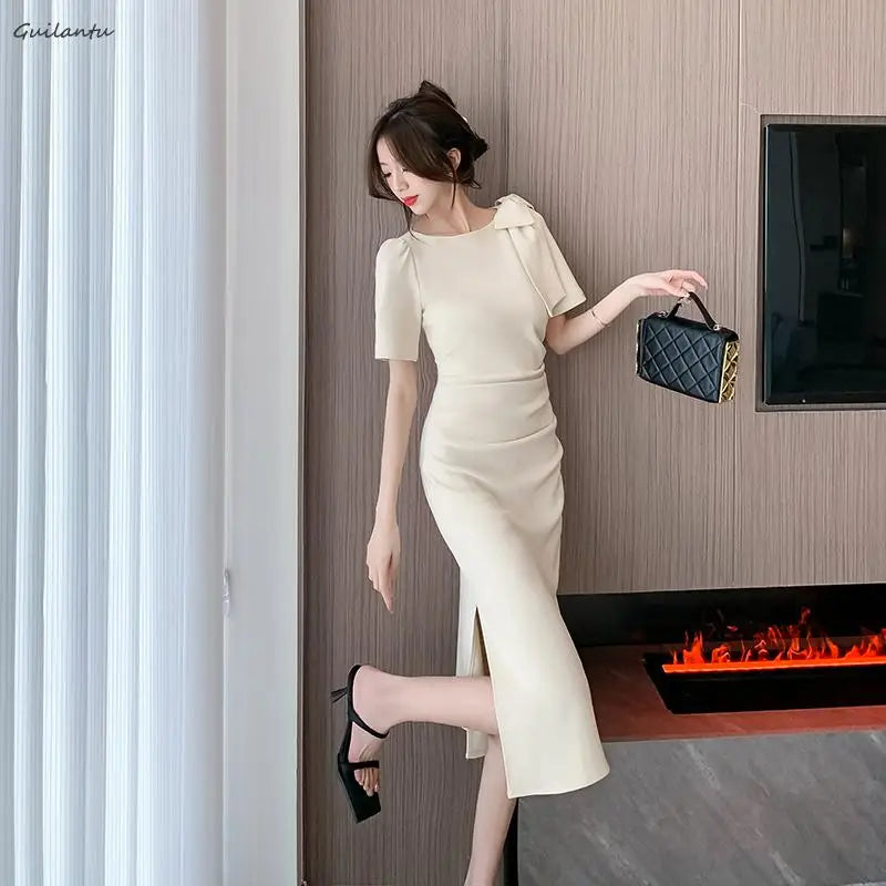 Beberino O Neck Midi Dress: Korean Style Slim Pencil Dress for Women