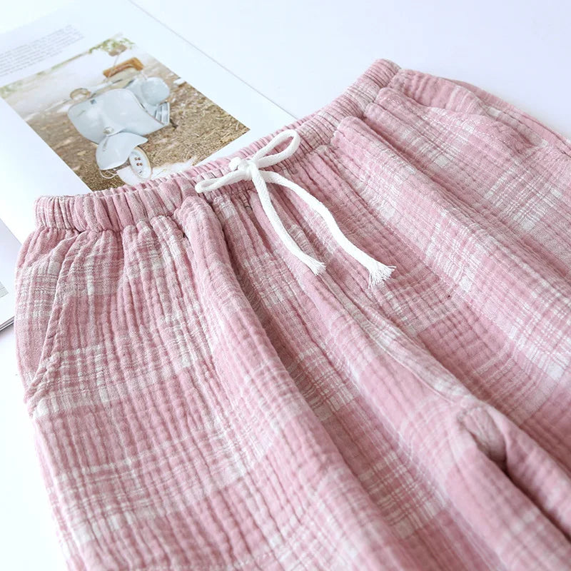 Beberino 100% Cotton Crepe Cloth Plaid Shorts Large Size Cropped Pants