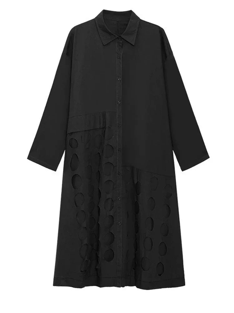 Beberino Women's Black Hollow Out Midi Shirt Dress - Loose Fit Fashion Tide