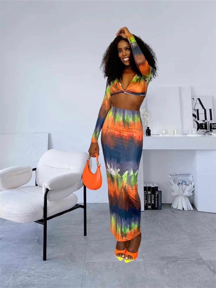 Beberino Autumn Chic 2 Piece Set: Knot Crop Top & Maxi Skirt - Elegant Streetwear