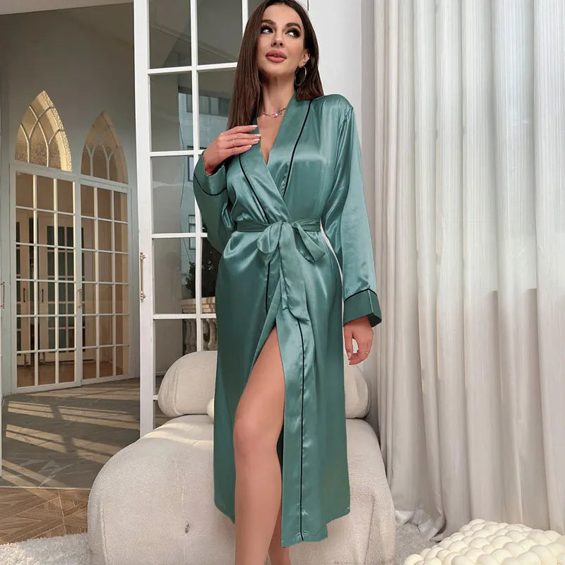 Beberino Luxury V-Neck Silk Robe for Women Sleepwear Nightgown Bathrobe